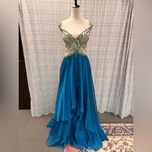 Mac Duggal Peacock and Nude Prom Dress